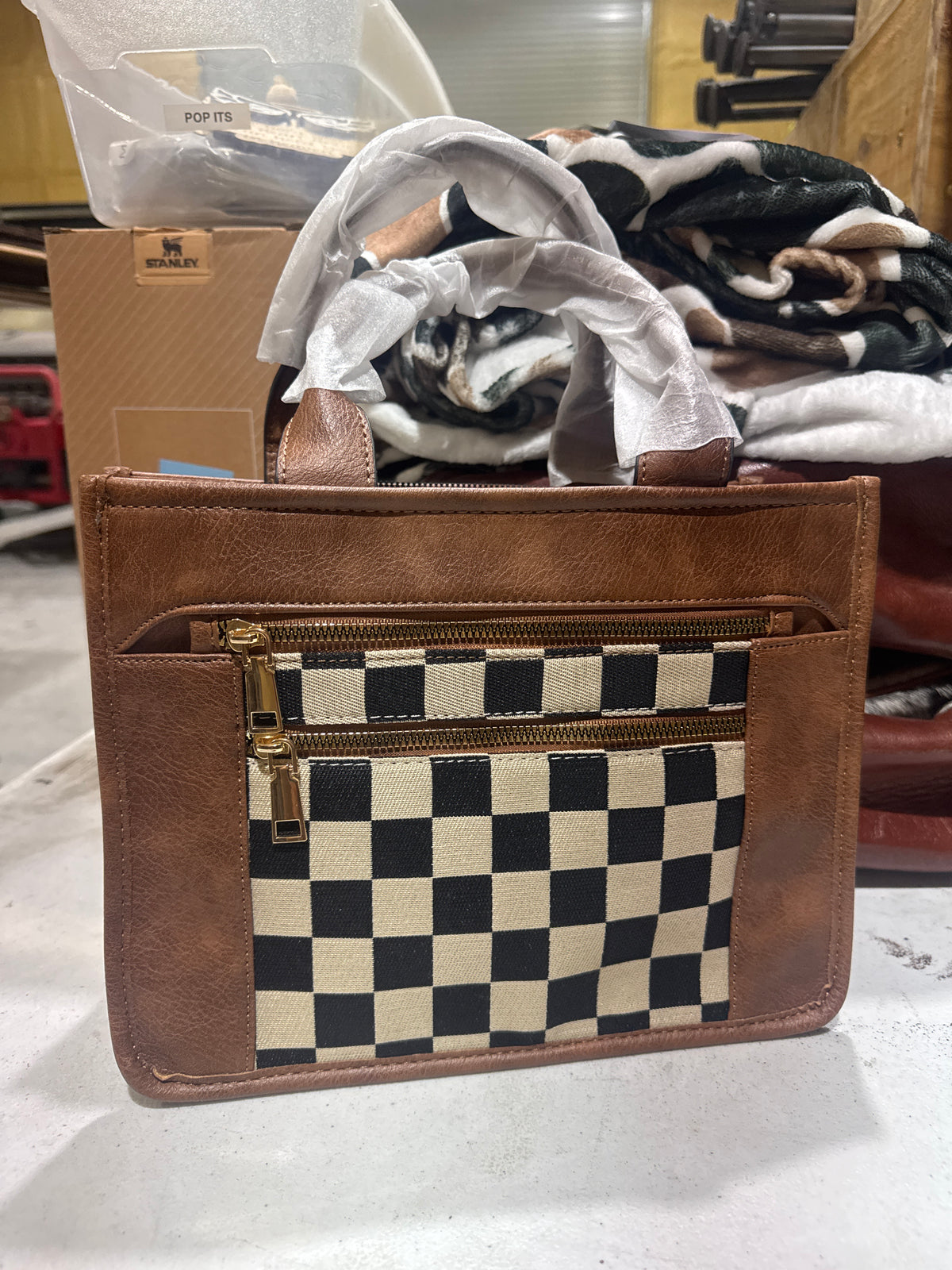Checkered / tan purse